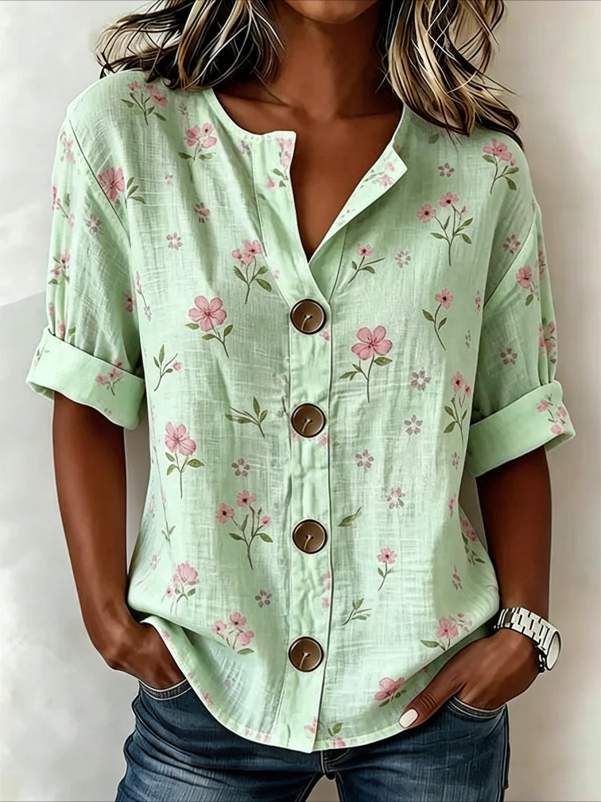 Strip Loose Stand Collar Simple Linen Blend Long Sleeve Shirt