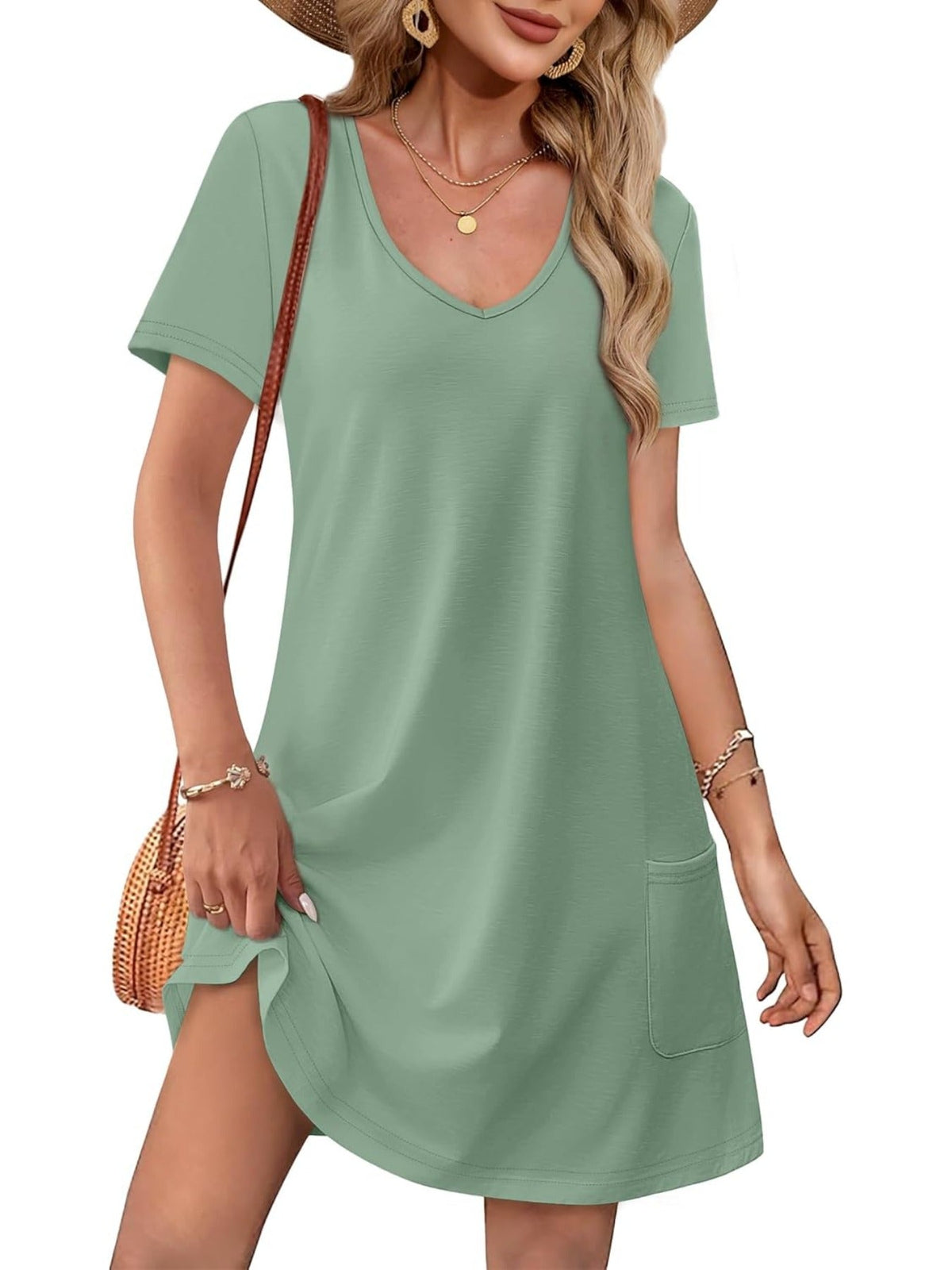 Loose V Neck Short Sleeve Casual T Shirt Dress