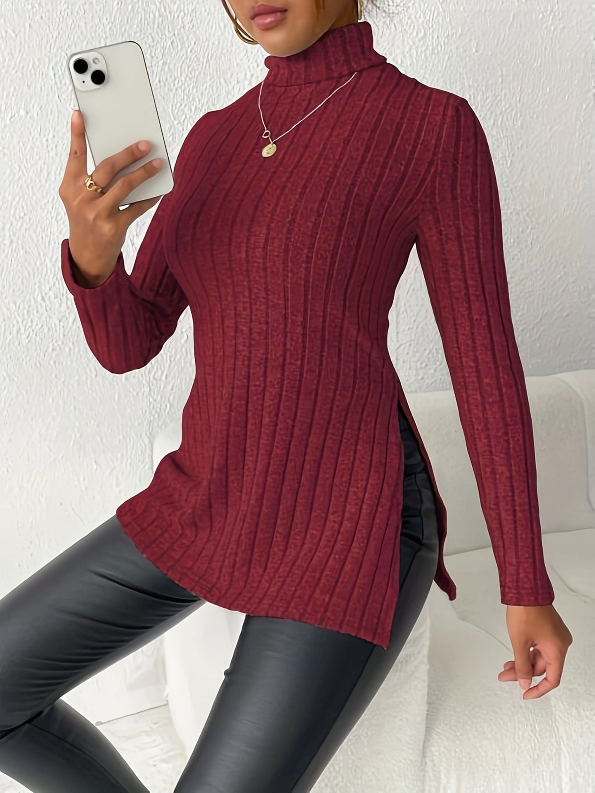 Solid Turtle Neck Rib Knit Top, Casual Long Sleeve Split Top