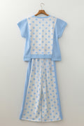 Sky Blue Color Block Patchwork Polka Dot Wide Leg Pant Set