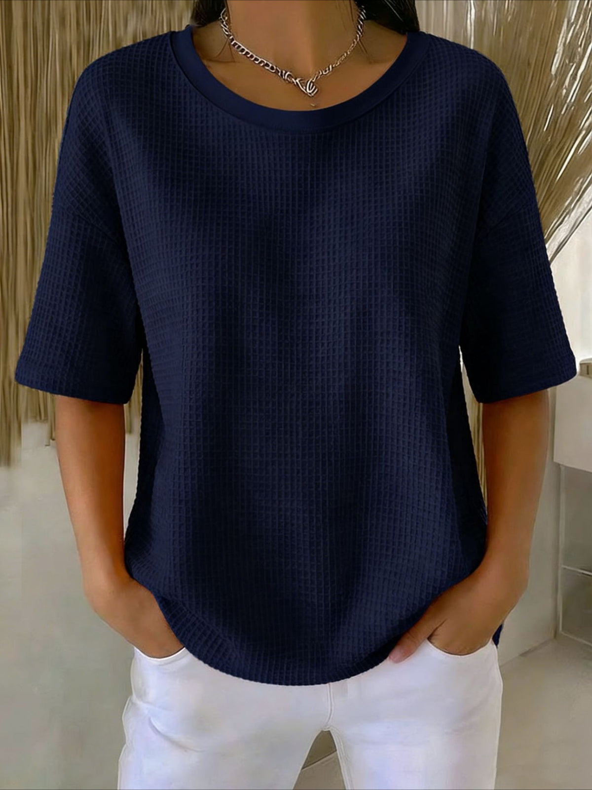 Waffle Solid Color Classic Modern Casual Short Sleeve Crew Neck Regular Tops