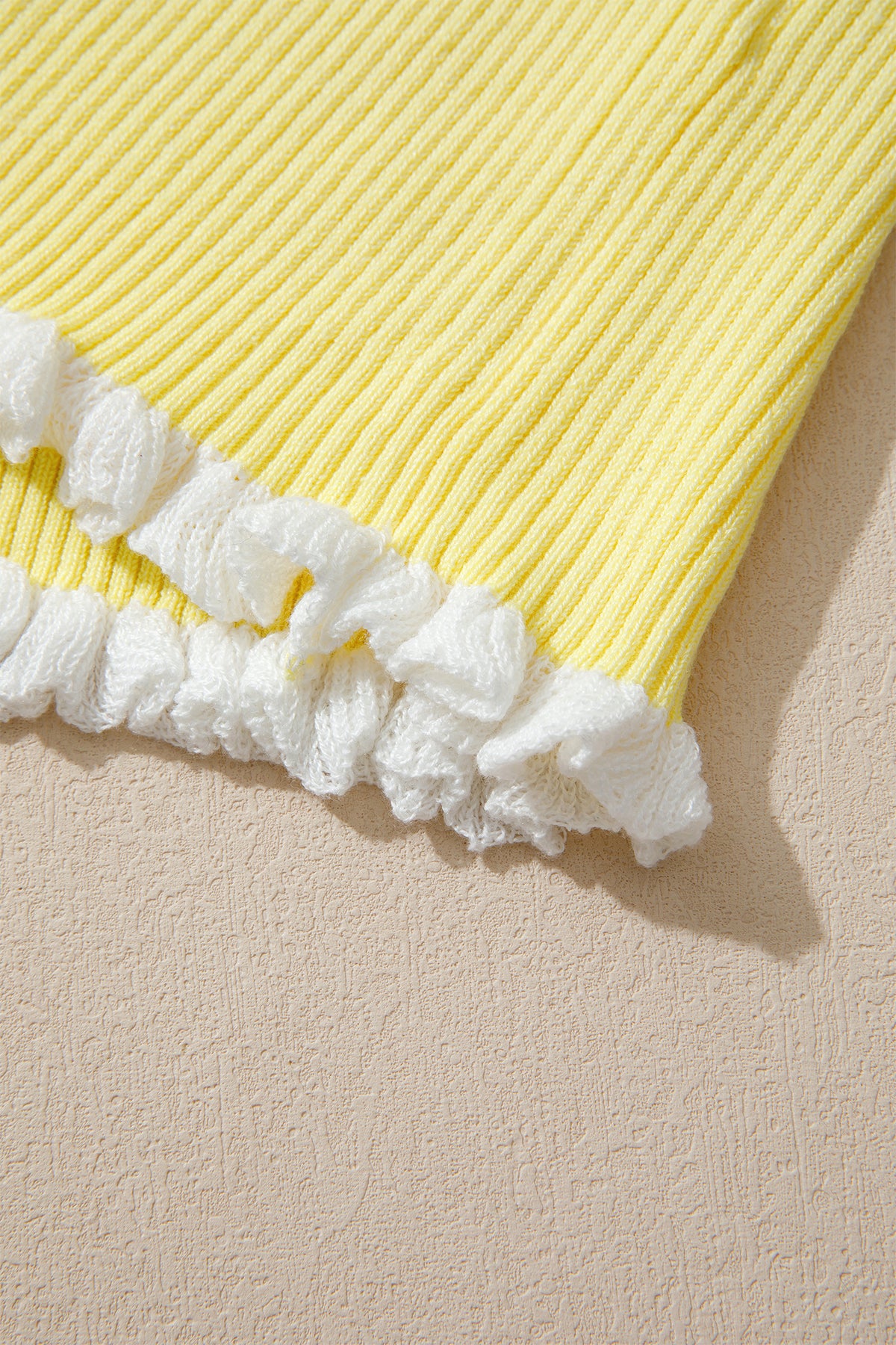 Yellow Cream Ribbed Knit Contrast Frilled Short Sleeve Sweater Cardigan