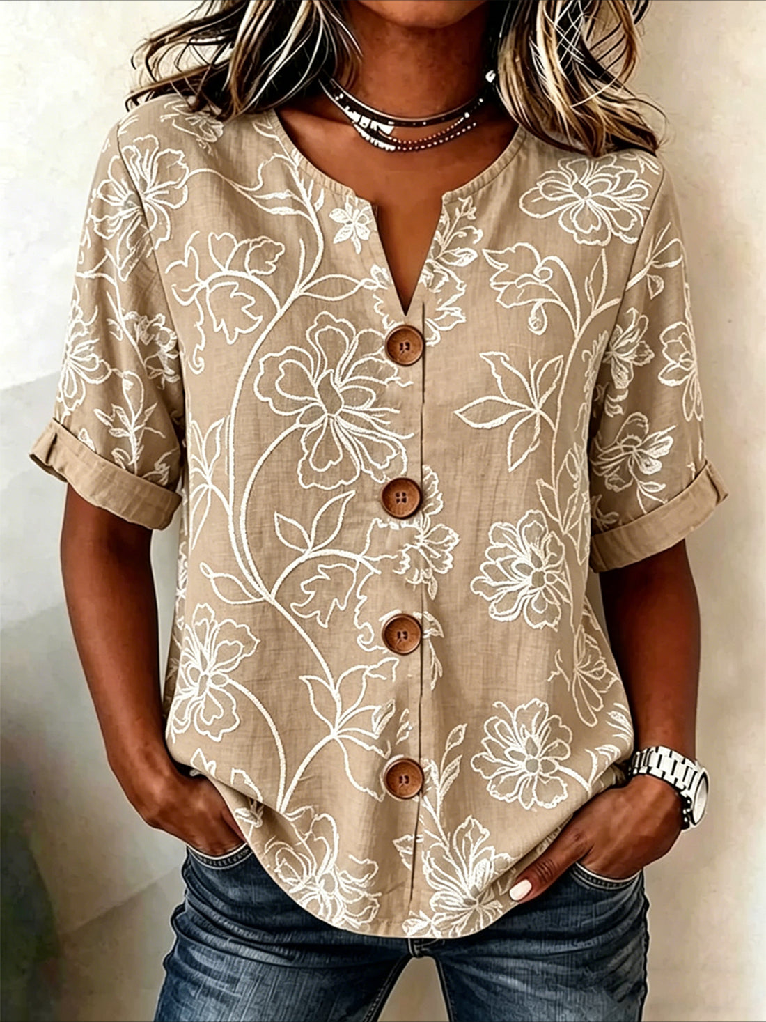 Stand Collar Long Sleeve Floral Regular Loose Shirt