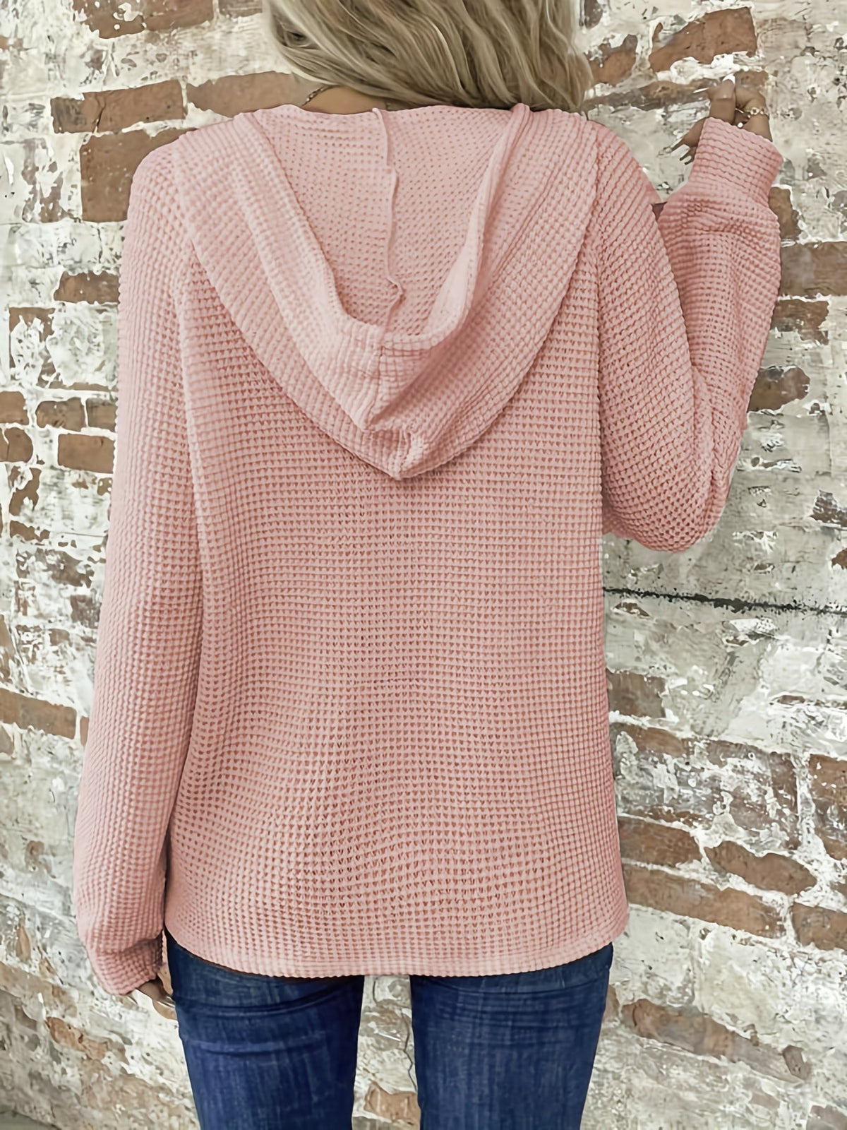 Waffle Button Front Loose Hoodie, Casual Long Sleeve Drawstring Hoodies Sweatshirt