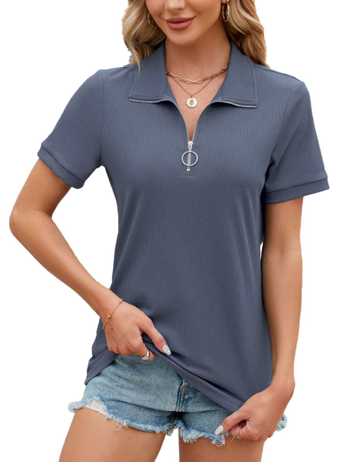 Solid Color Zip Collared T-shirt, Casual Short Sleeve Top