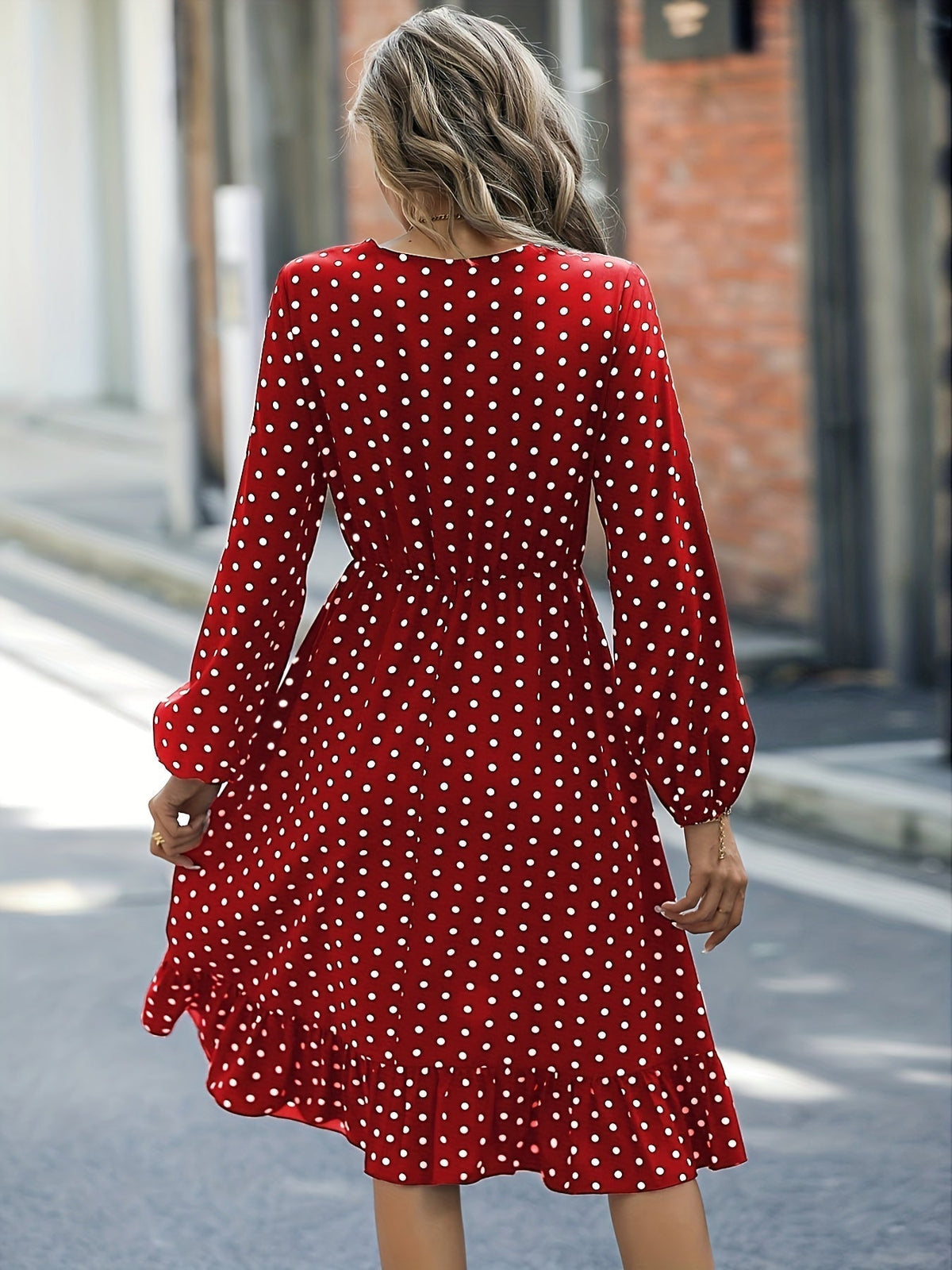 Retro V-neck Ruffle Dress, Polka Dot Print Long Sleeve Waist Loose Summer Dresses