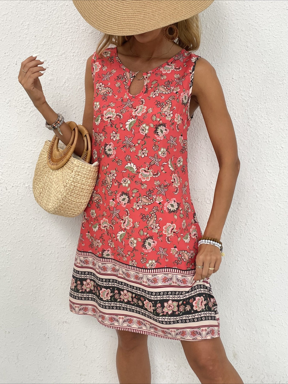 Ethnic Floral Print Crew Neck Dress, Casual Sleeveless Dress