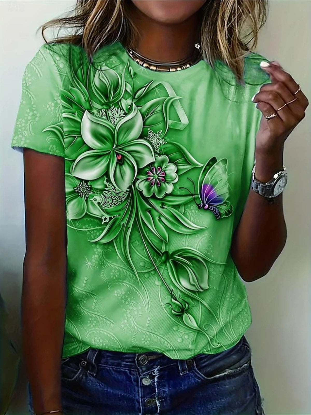 Floral Crew Neck Short Sleeve Casual T-shirt
