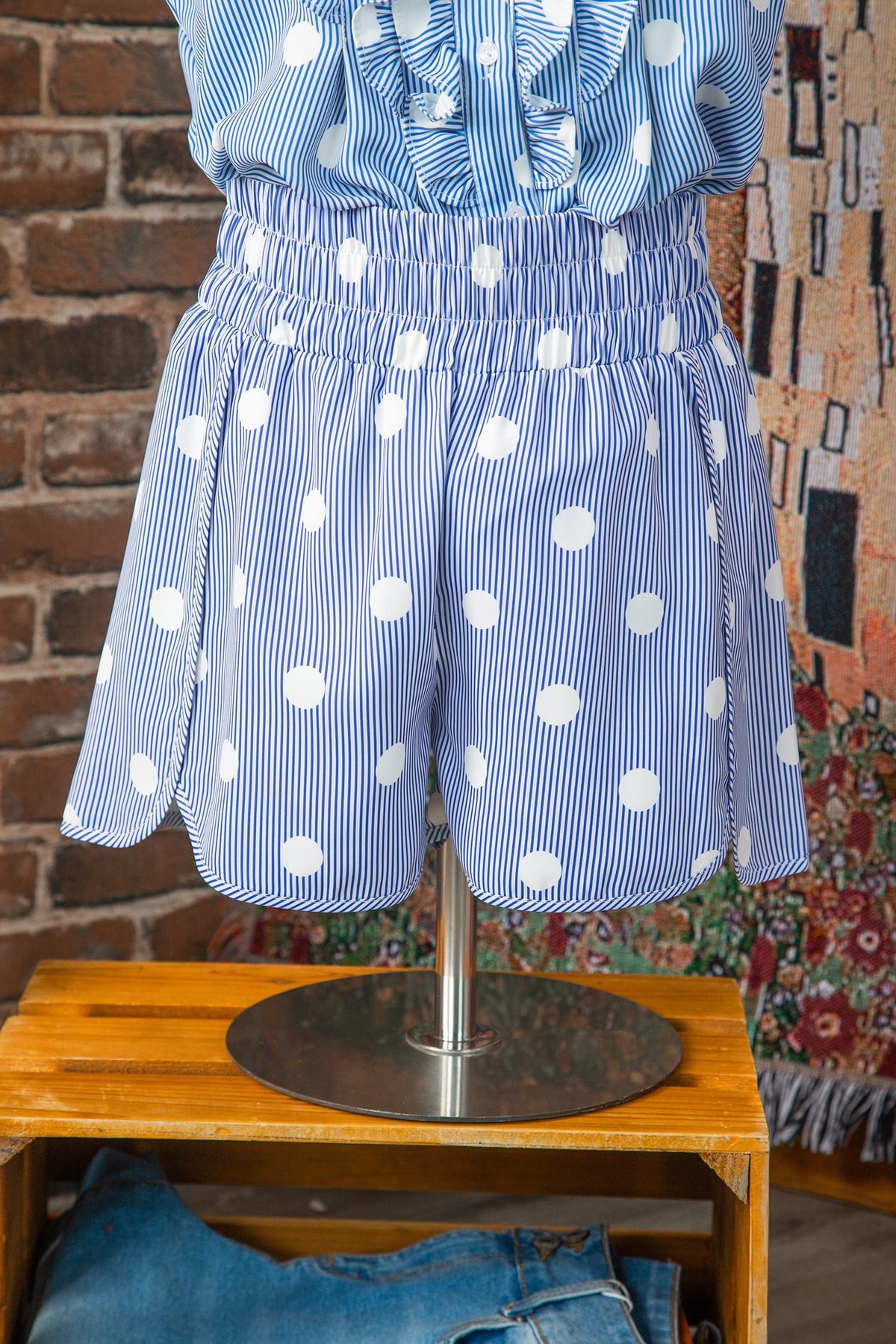 Sky Blue Polka Dot Print Shirred High Waist Casual Shorts