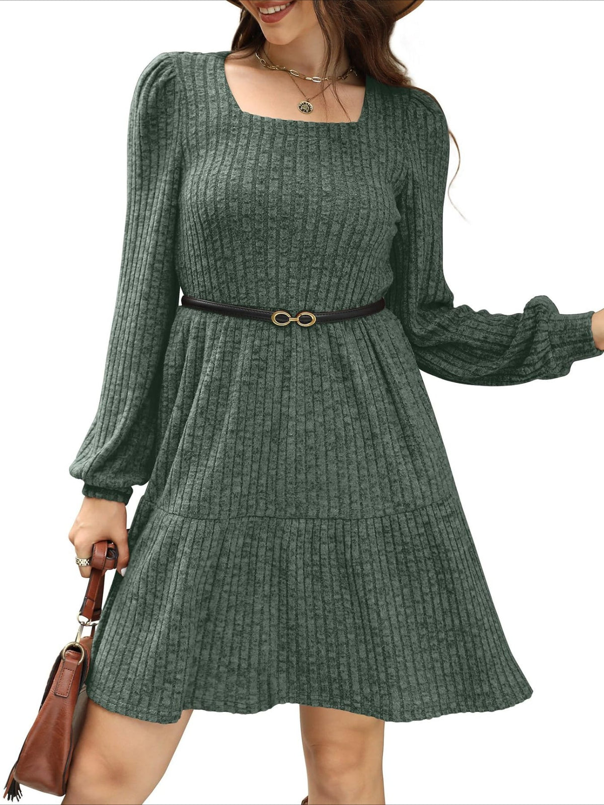 Square Neck Long Sleeve Dress with Pockets