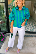 Blue Stripe Tie Puff Sleeve Womens Button Down Shirt