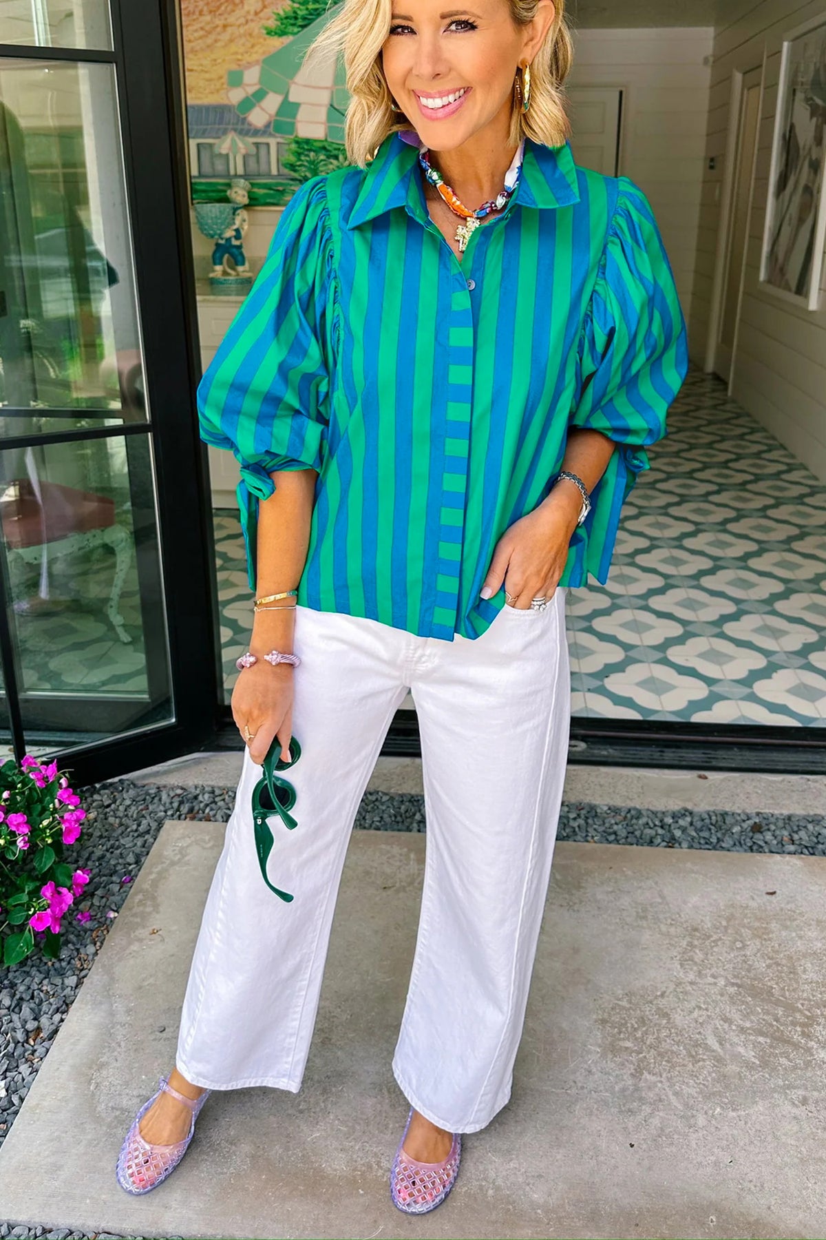 Blue Stripe Tie Puff Sleeve Womens Button Down Shirt