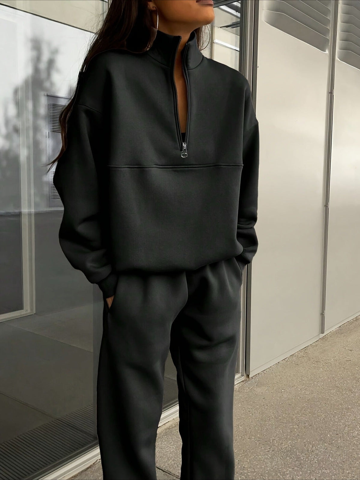 Cozy Fleece Zip-Up Top & Loose Pants Two-Piece Set
