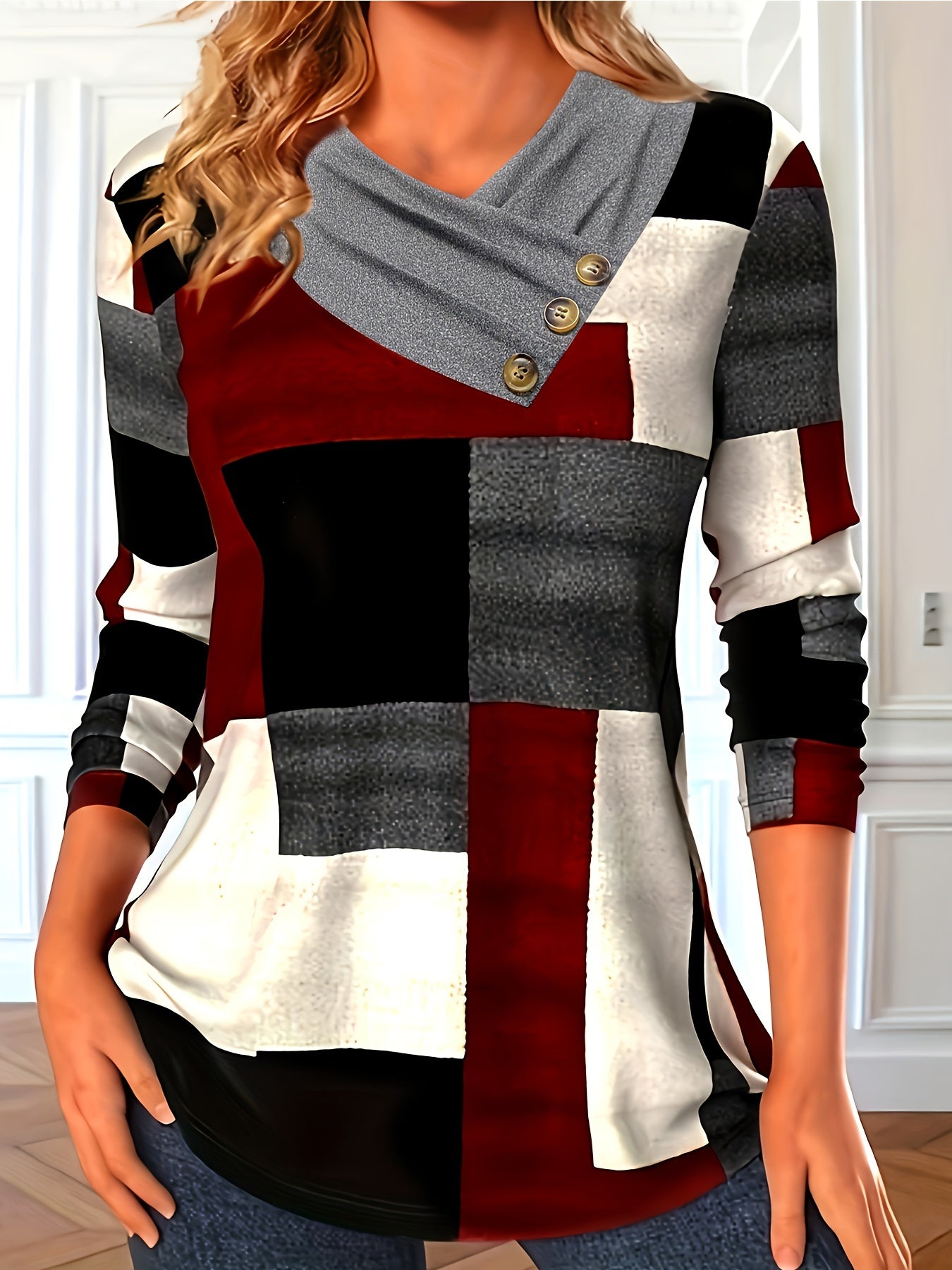 Colorblock Print Ruched T-Shirt, Casual Long Sleeve Top