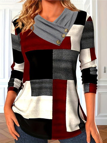 Colorblock Print Ruched T-Shirt, Casual Long Sleeve Top