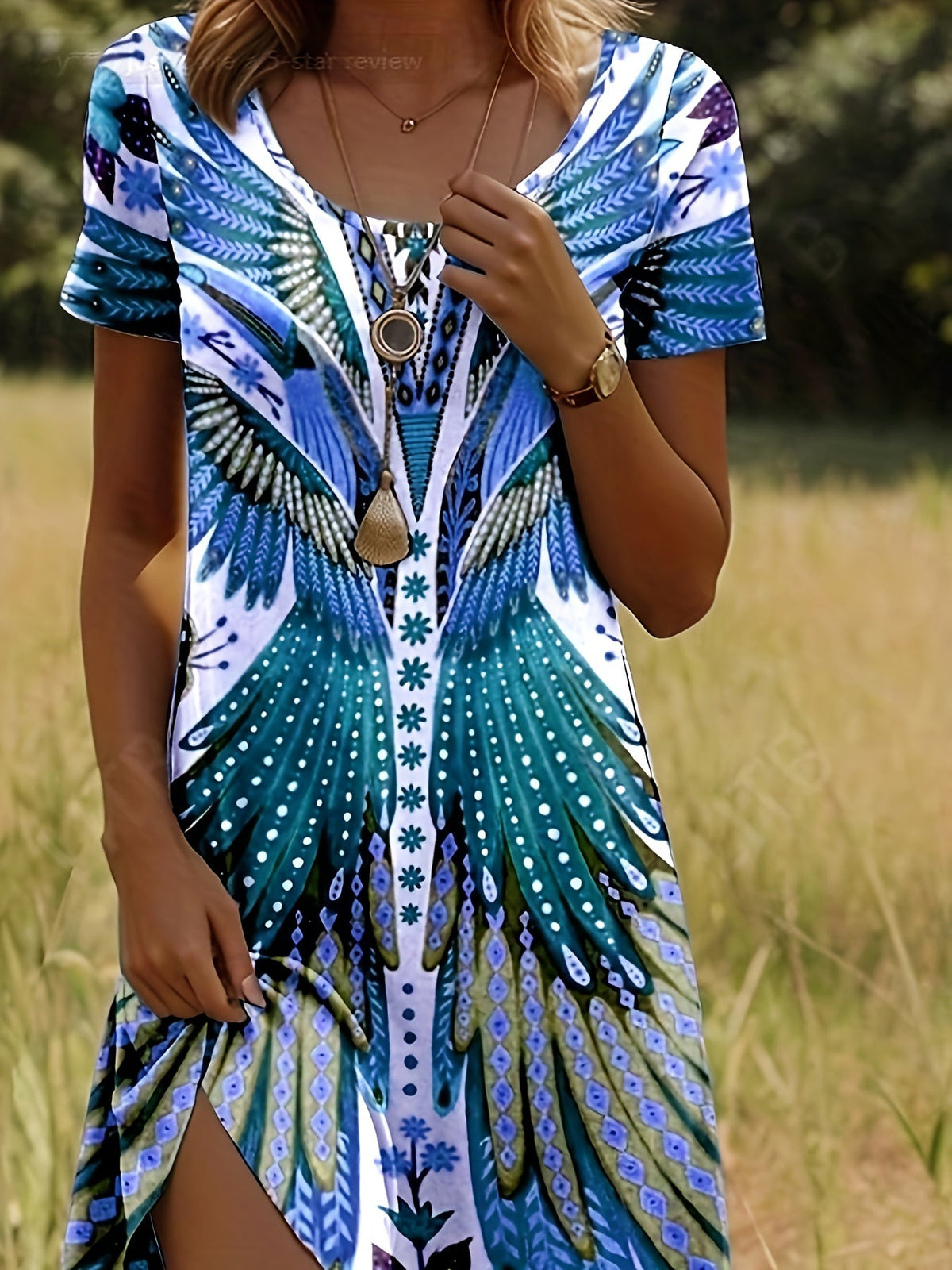 Elegant Floral Print Knee-Length Short Sleeve Round Neck A-Line Dress
