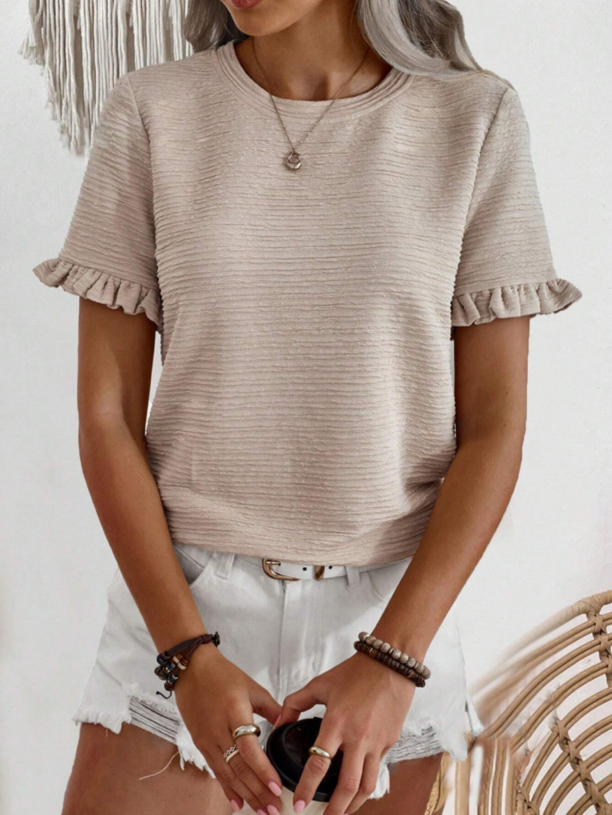 Solid Color Textured Crew Neck T-Shirt, Elegant Ruffle Trim Short Sleeve T-Shirt