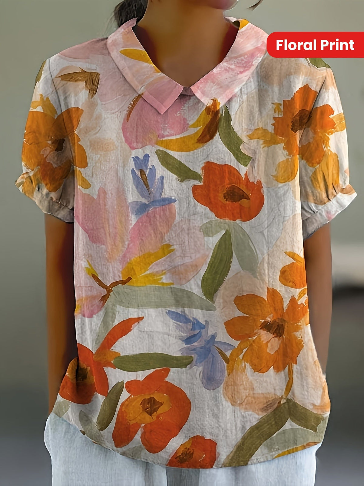 Short Sleeves with Ruffled Detail Non-Sheer Vintage Art Casual  Floral Print Shirt