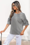 Black Plaid Bow Ruffled Half Sleeve Round Neck Blouse