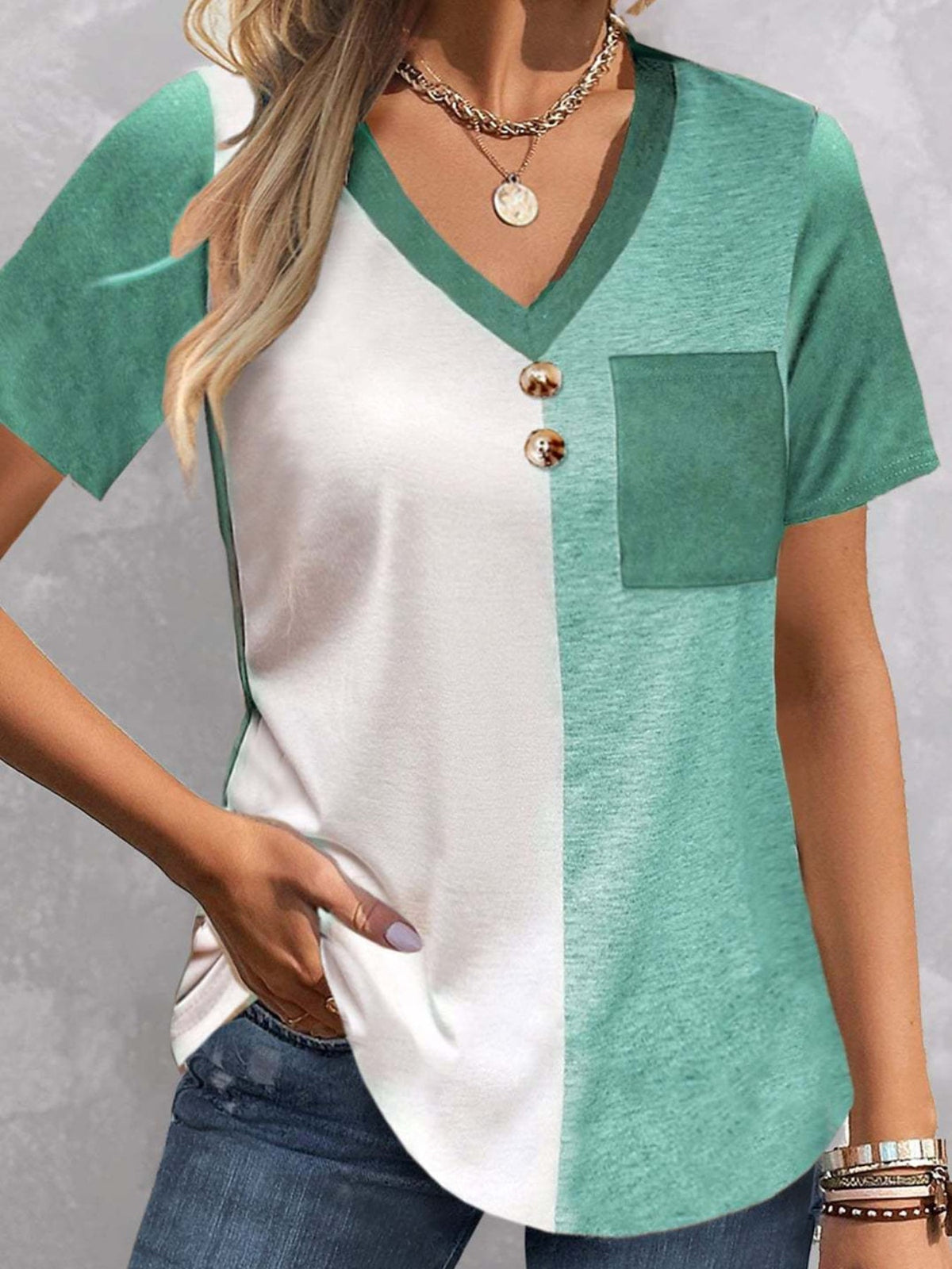 Women's Color Block V-Neck T-Shirt - Stylish and Comfortable Short Sleeve Top