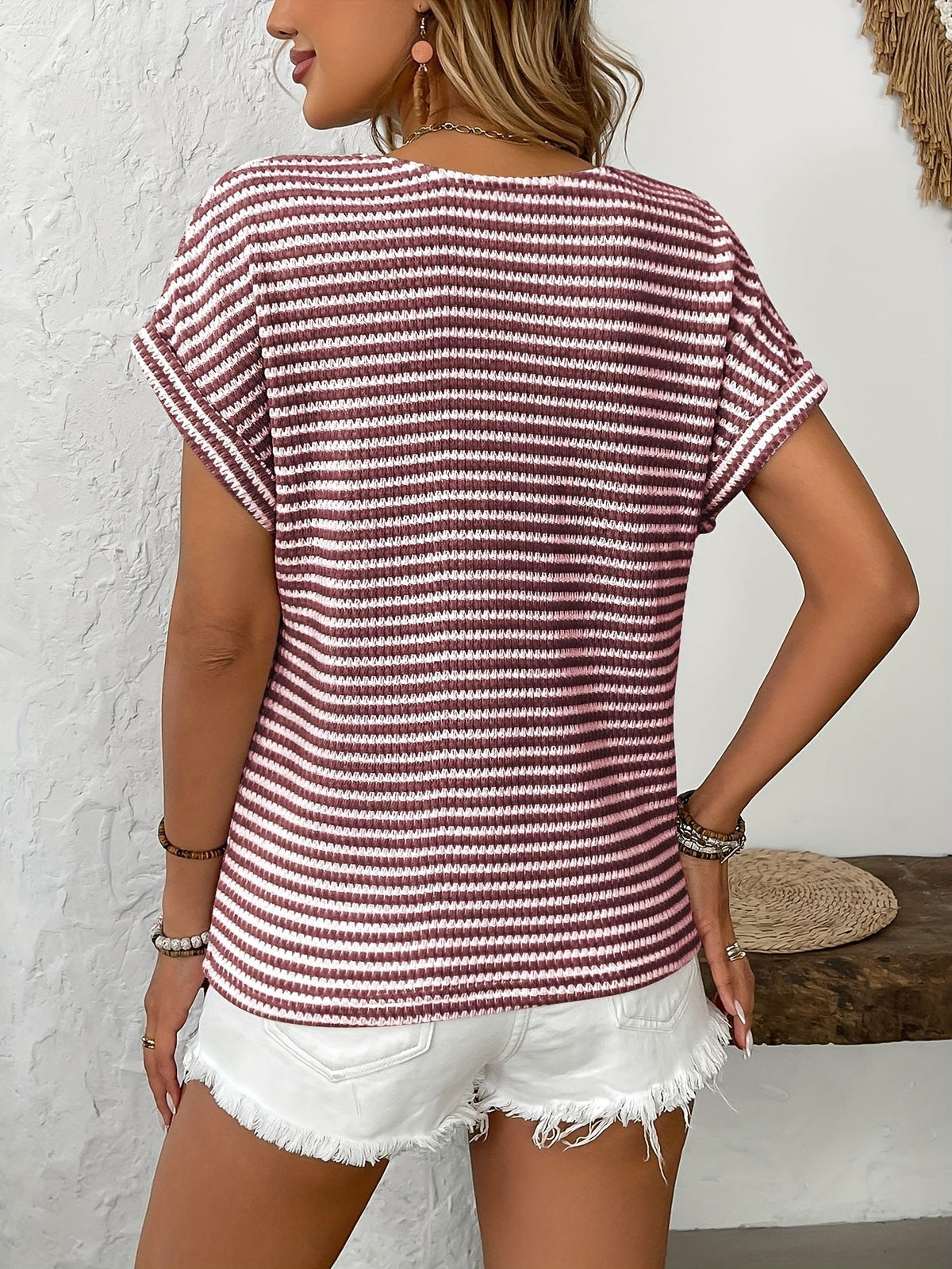 Patchwork V-Neck Button Pullover Short Sleeve T-Shirt