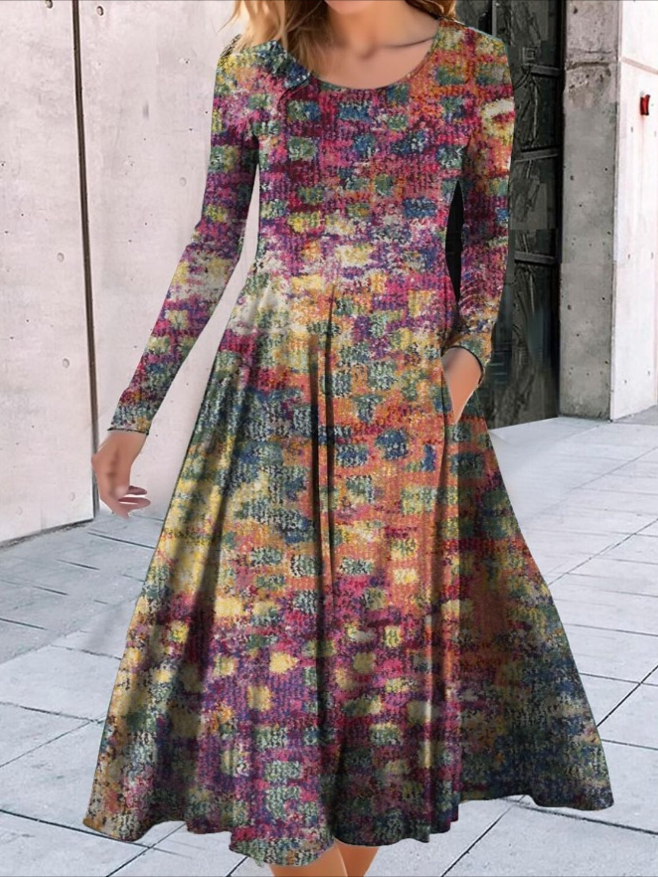 Vintage Round Neck Knit Dress with Waist Tie, Polyester & Elastane