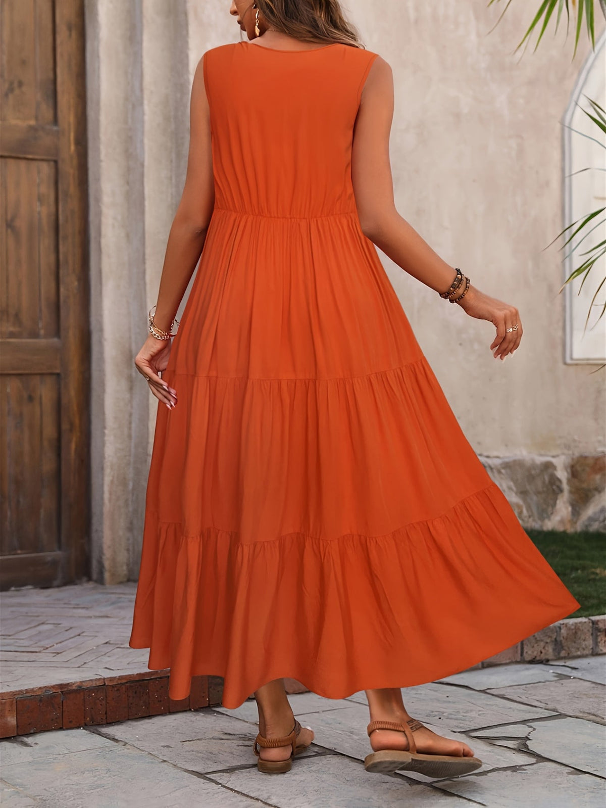 Loose V Neck Ruffle Hem Dress, Casual Sleeveless Dress
