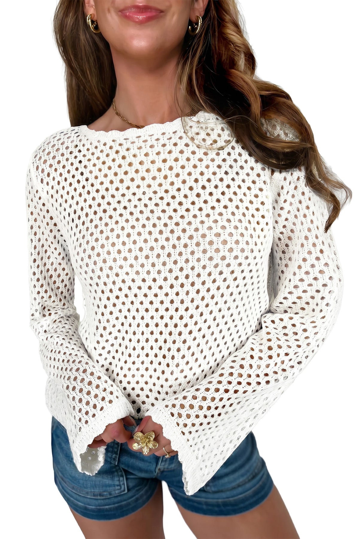 White Scalloped Trim Hollow Out Knit Long Sleeve Top