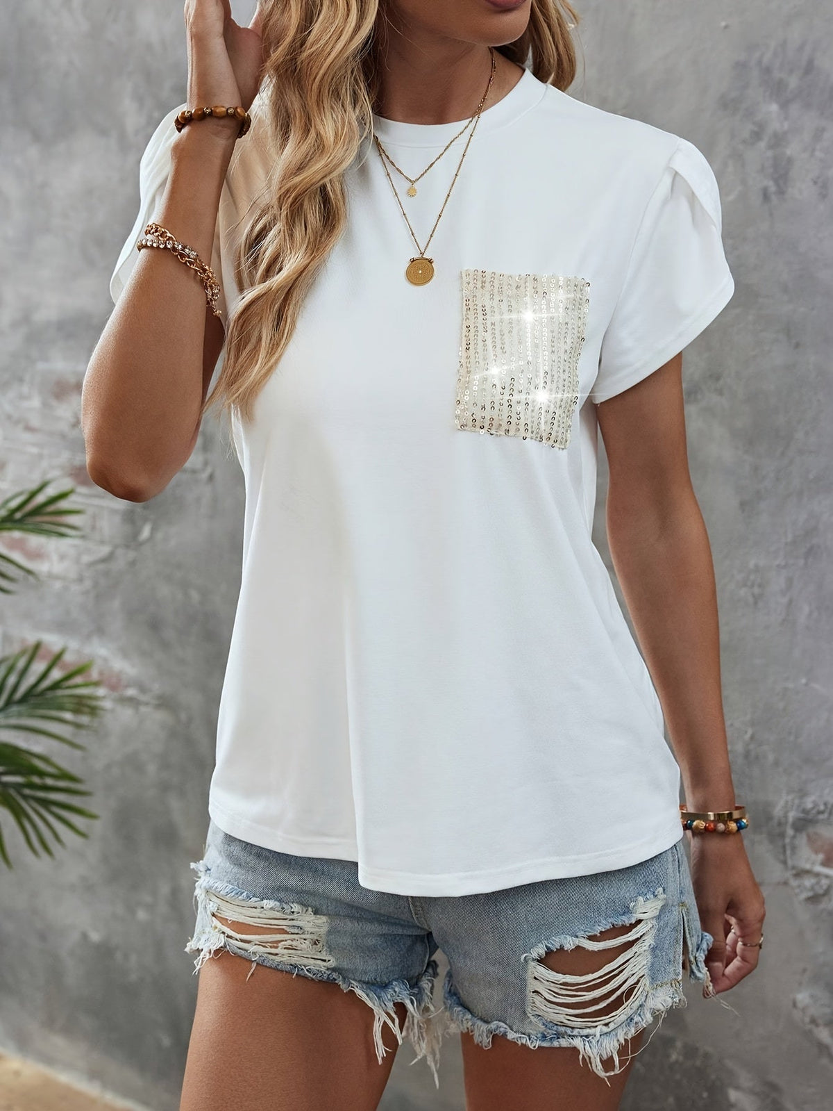 Sequin Decor Crew Neck T-Shirt, Casual Petal Sleeve Top