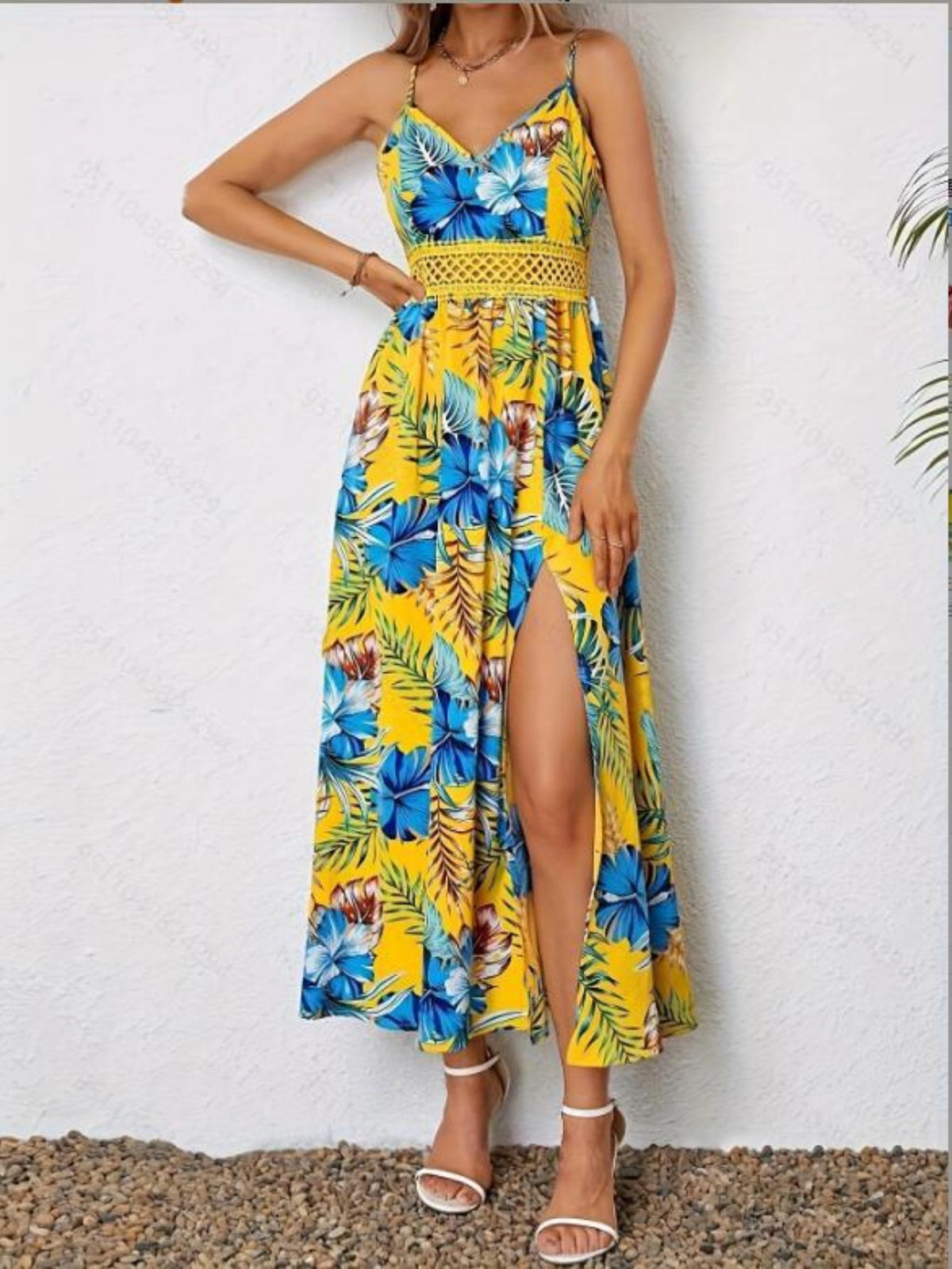 Floral Print Spaghetti Strap Elegant Sleeveless Split Dress