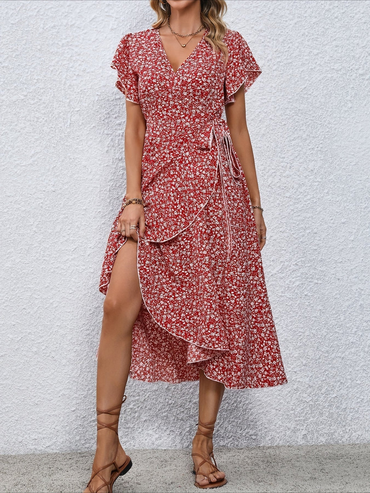 Women's Floral Print Surplice Dress with Flutter Sleeves and Ruffle Hem