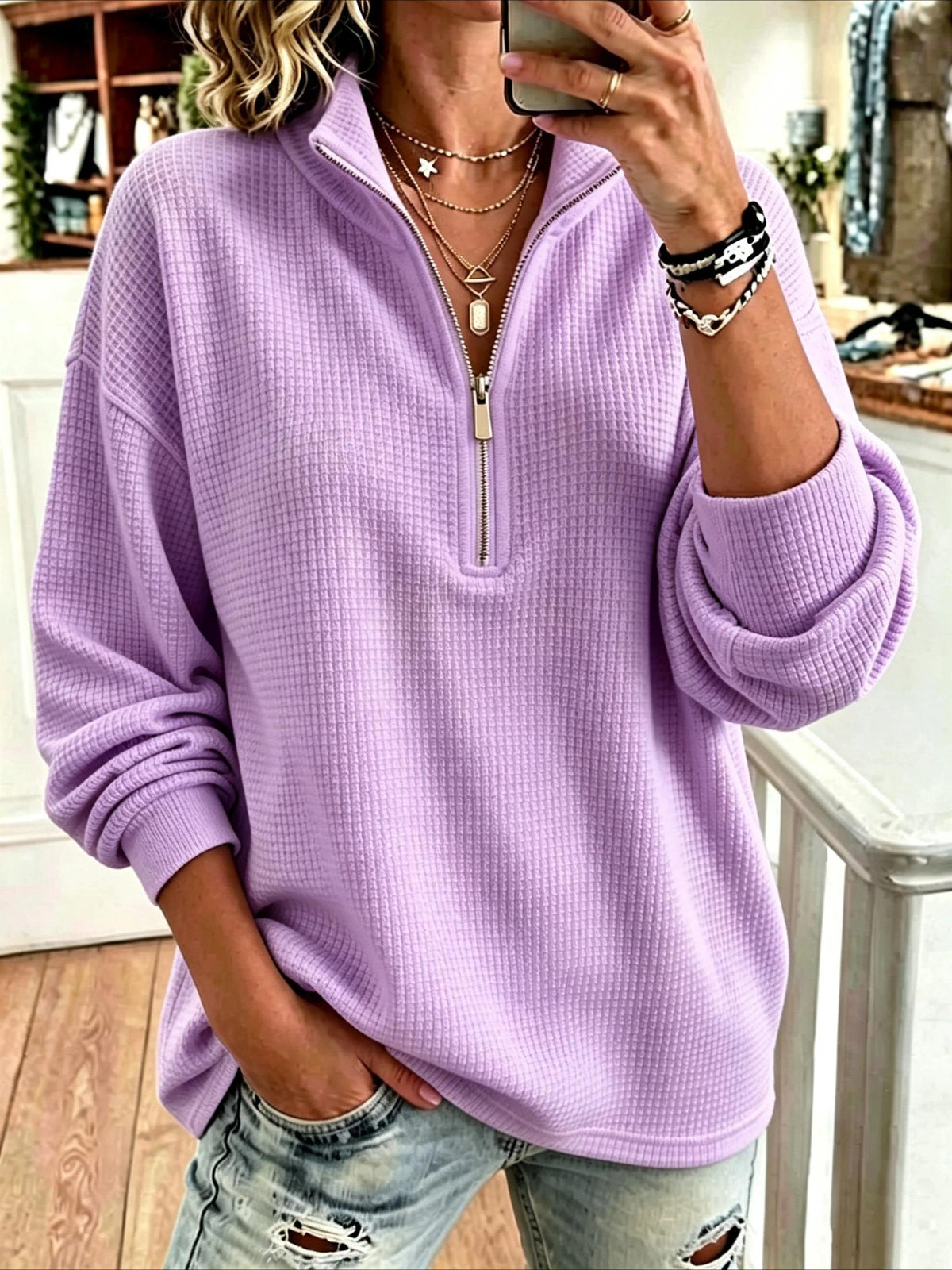 Solid Color Casual Plain Mock Neck Sweatshirt