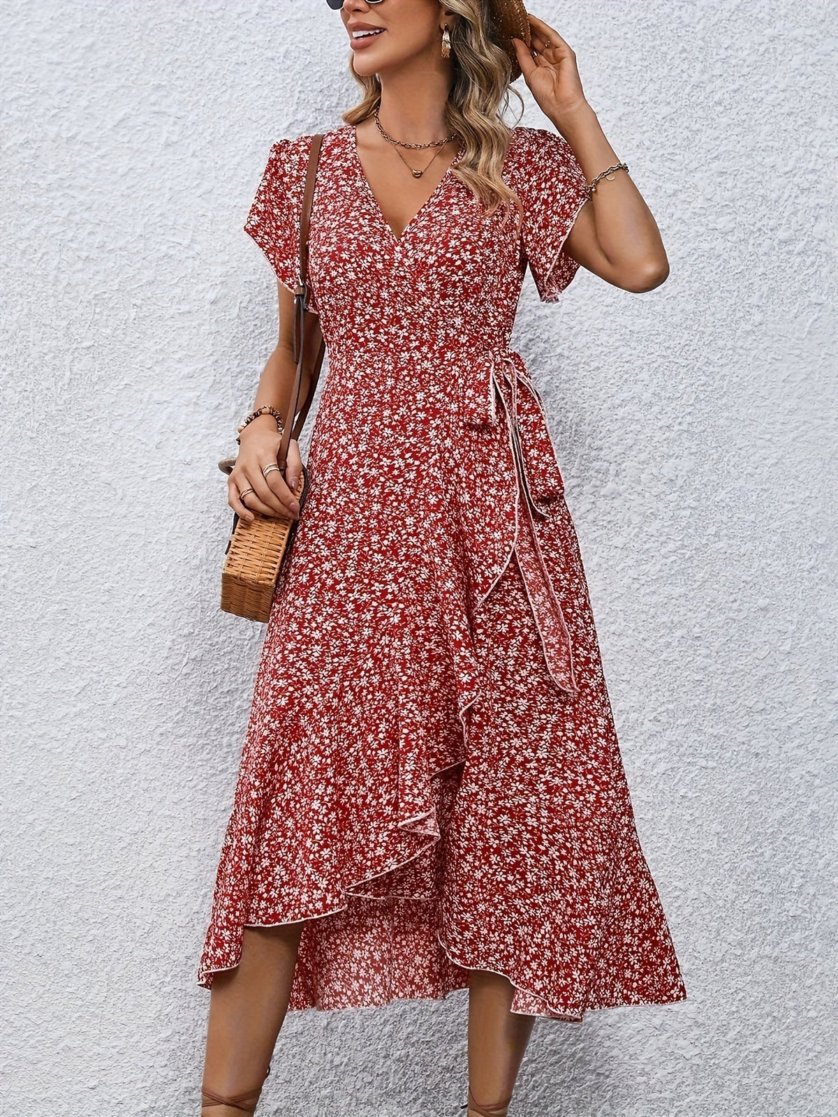 Women's Floral Print Surplice Dress with Flutter Sleeves and Ruffle Hem