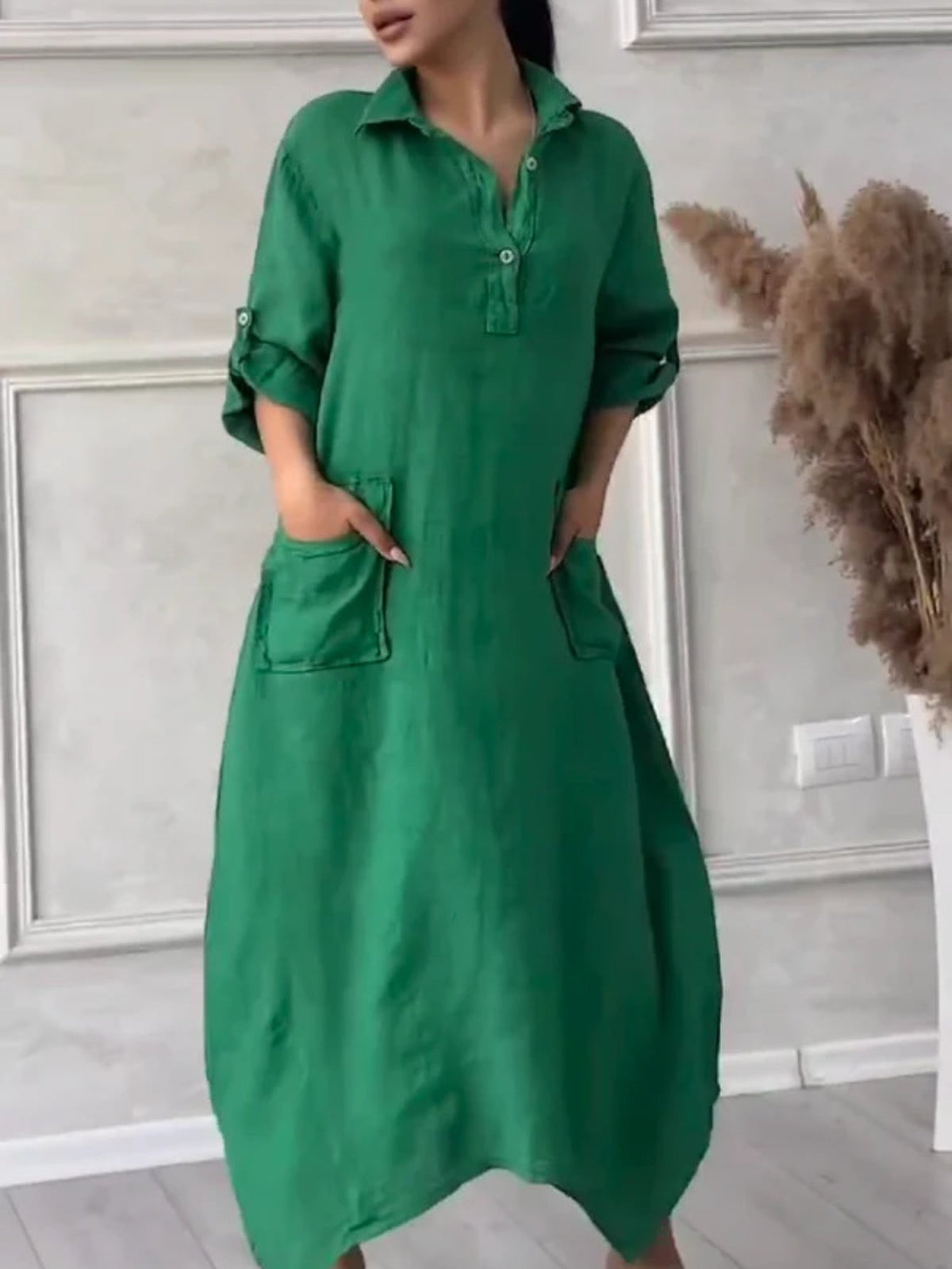 Solid Color Casual Shawl Collar Plain Loose Dress