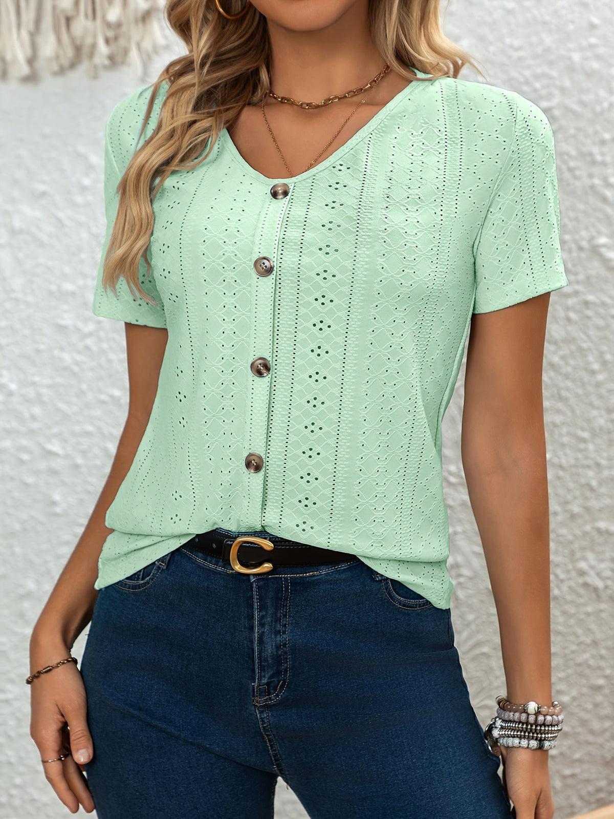 Elegant V-Neck Short Sleeve T-Shirt with Decorative Buttons