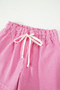 Pink Stripe Drawstring Elastic Waist Casual Denim Shorts
