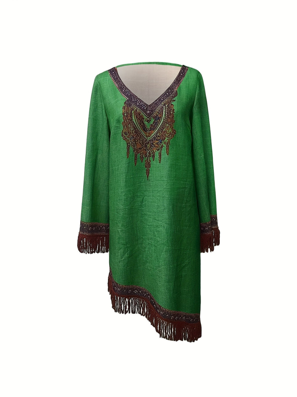 Elegant V-Neck Floral Pattern Fringe Detail and Long Sleeves Dress