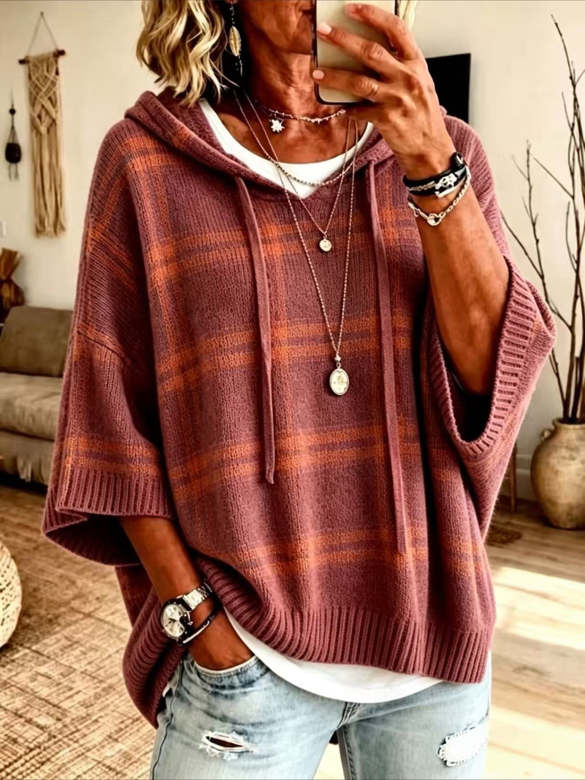 Plaid Hooded Knit Poncho Sweater with Drawstring