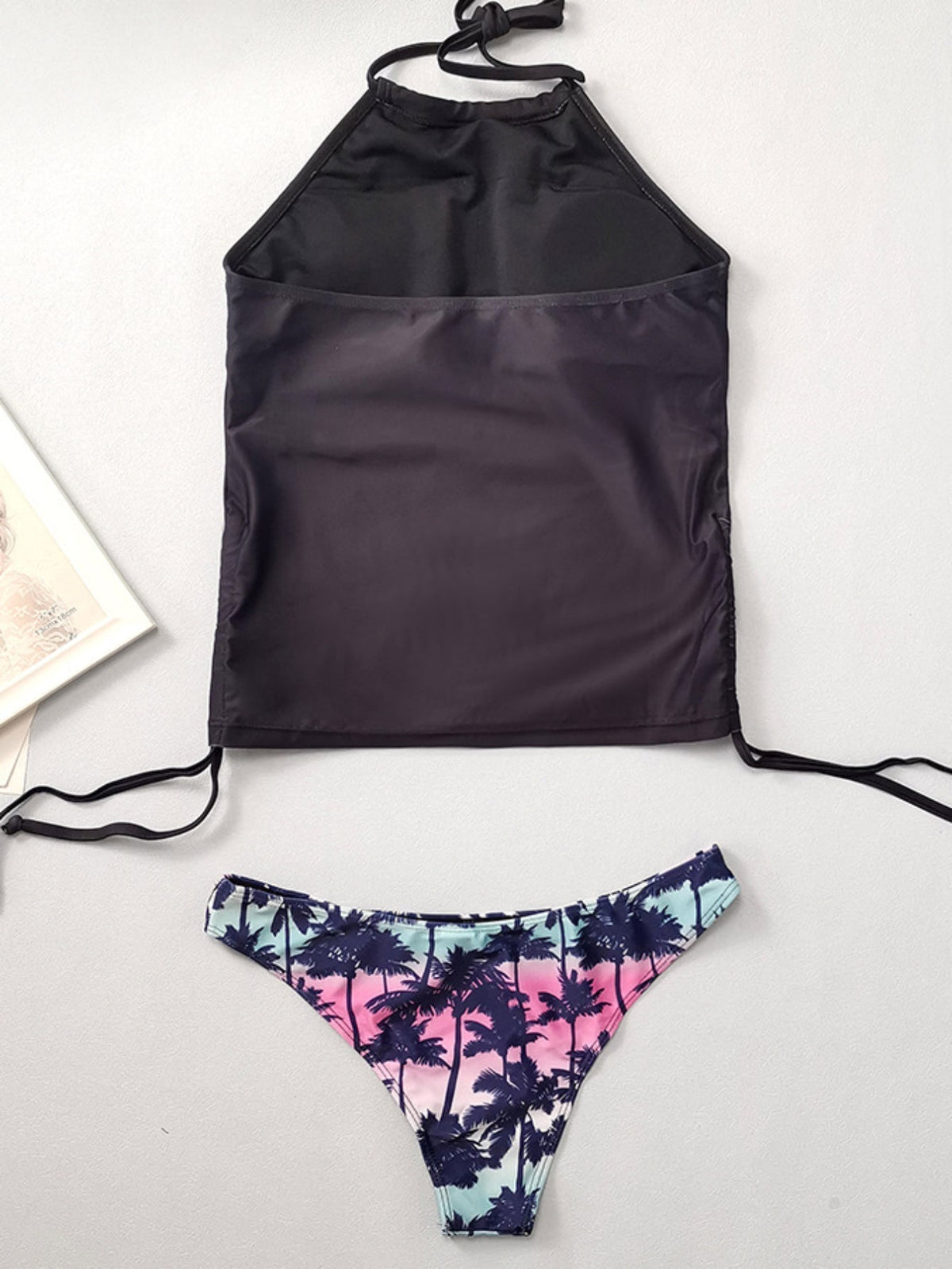 Coconut Tree Sunset Pattern Drawstring 2 Piece Set Swimsuit, Halter Tie Neck Backless Stretchy Low Waist Bathing Suit