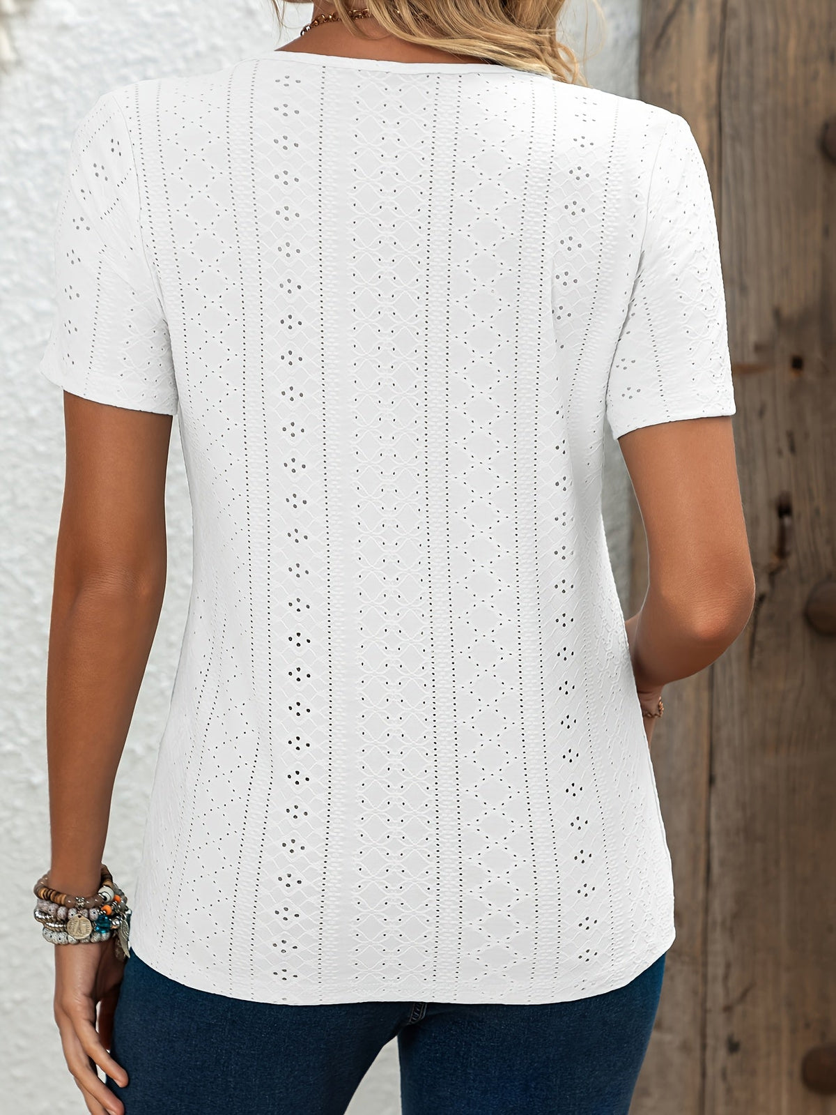 Elegant V-Neck Short Sleeve T-Shirt with Decorative Buttons