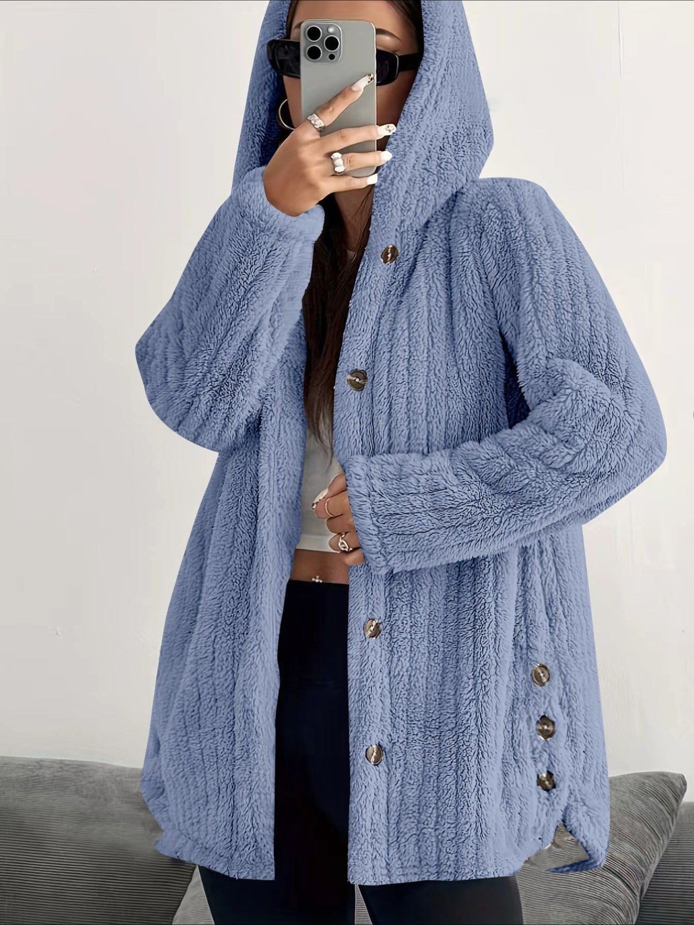 Solid Color Long Sleeve Hooded Loose Jacket