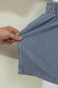 Blue Stripe Drawstring Elastic Waist Casual Denim Shorts