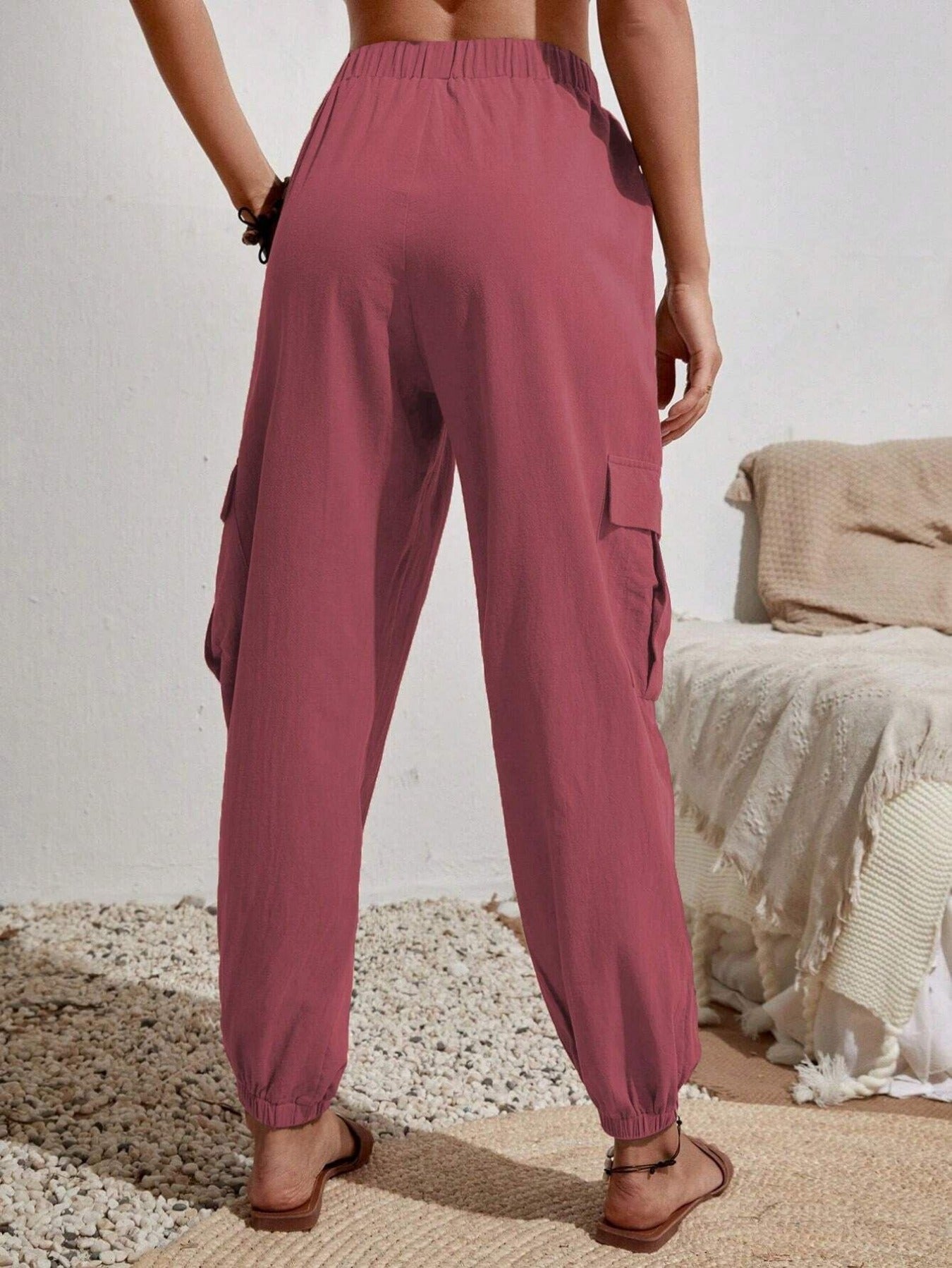 Solid Drawstring Pants, Casual Slant Pockets Cargo Pants