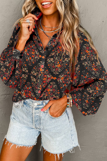 Black Strawberry Aesthetic Floral Puff Sleeve Shirt