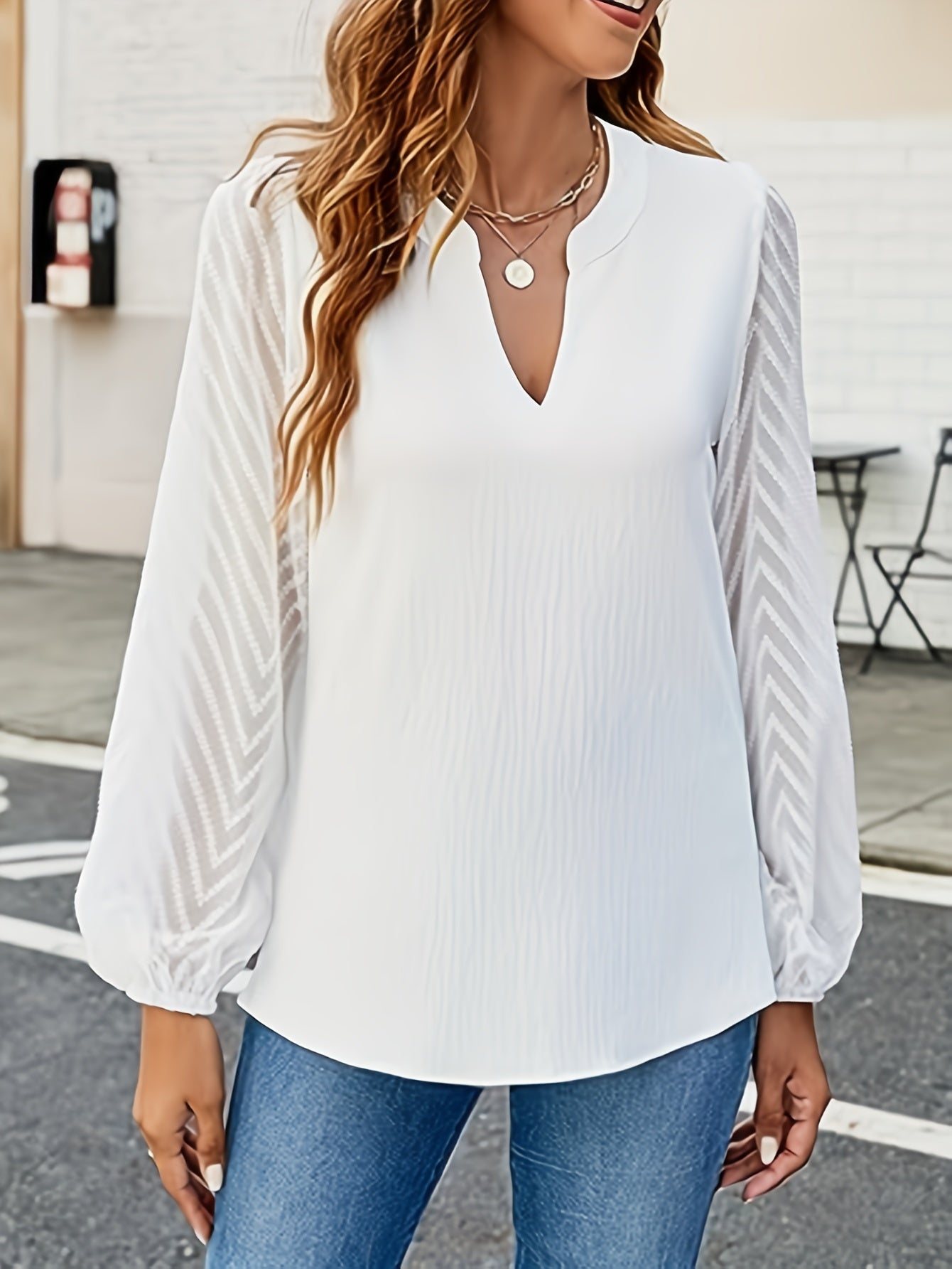 Solid Notched Neck Blouse, Elegant Lantern Sleeve Blouse