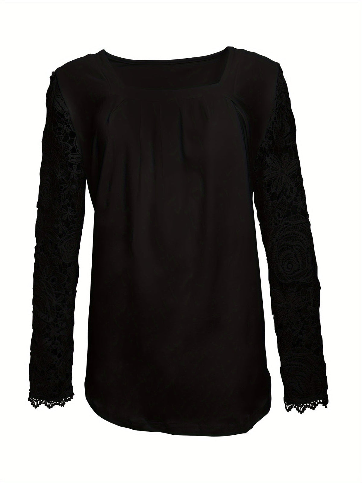Lace Stitching T-Shirt, Casual Square Neck Long Sleeve T-Shirt