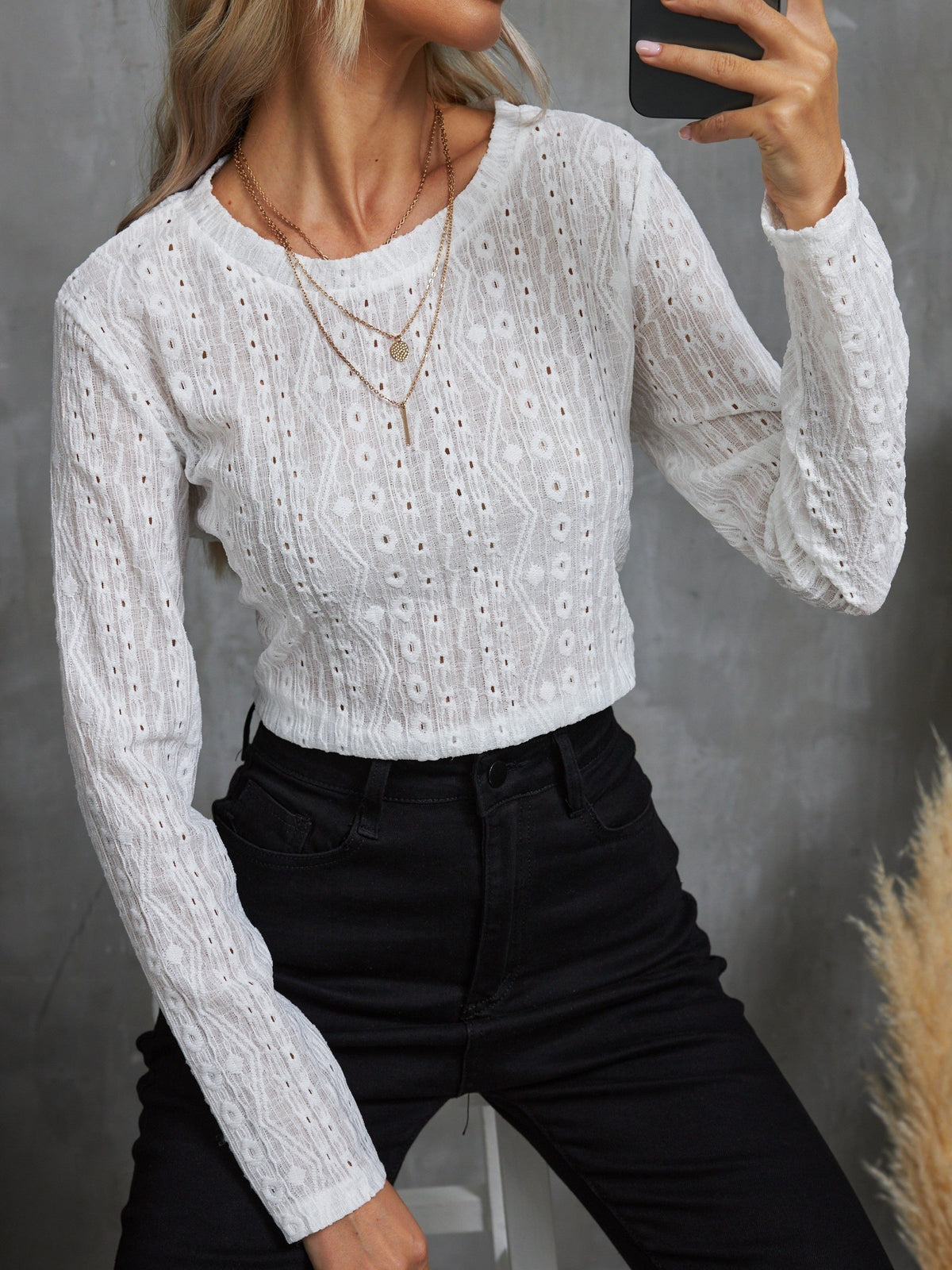 Eyelet Solid T-shirt, Casual Crew Neck Long Sleeve T-shirt