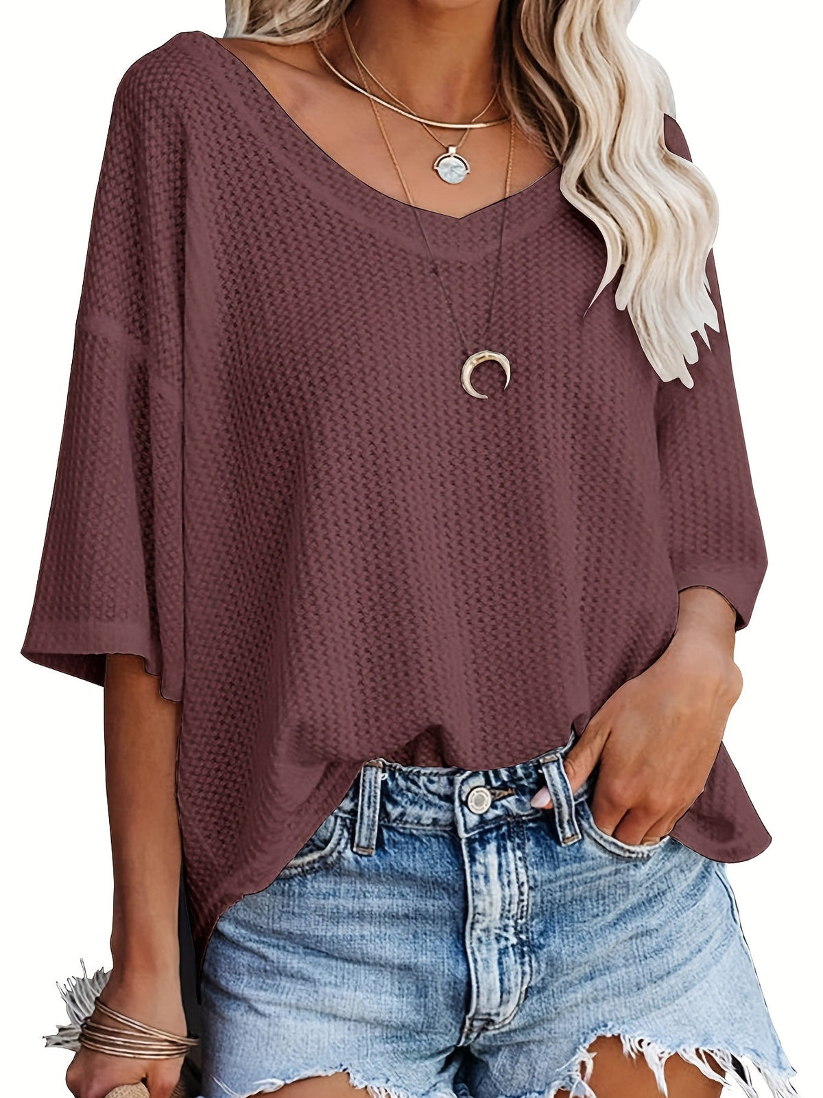Solid Elegant V Neck T-Shirt, Drop Shoulder Casual Top