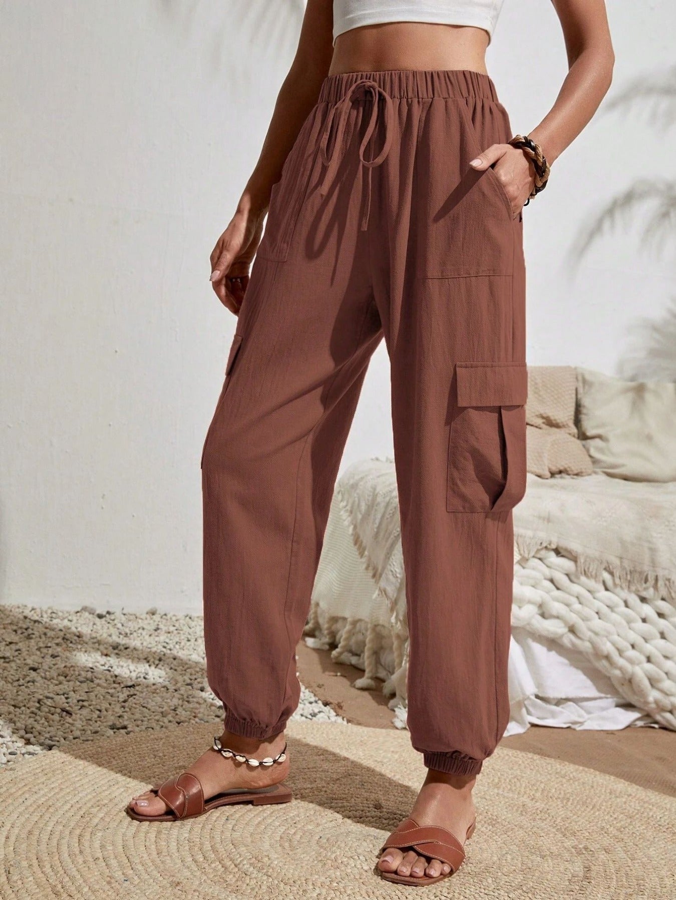 Solid Drawstring Pants, Casual Slant Pockets Cargo Pants