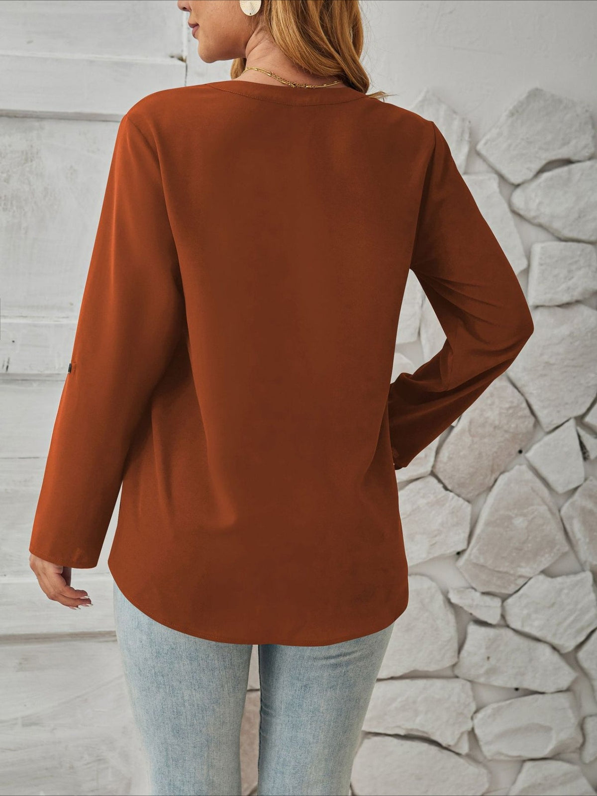 V-Neck Solid Color Comfortable Breathable Casual Long Sleeve Top